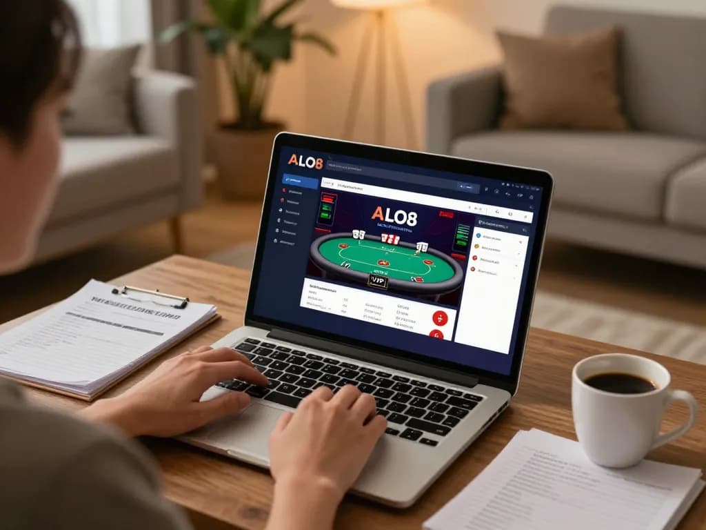 Player enjoying an immersive ALO8 VIP online casino experience from home, focusing on poker gameplay.