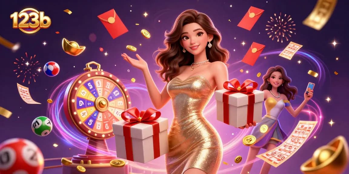 Experience the 123b casino excitement with vibrant colors, winning tickets, and festive energy in this dynamic illustration.