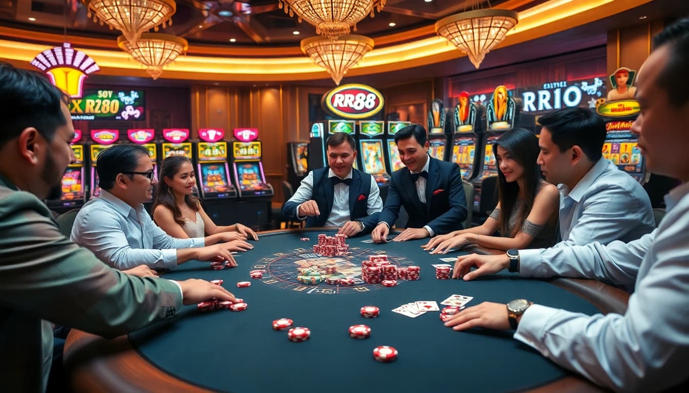 Players enjoying a high-stakes poker game at RR88 casino, showcasing excitement and professionalism.