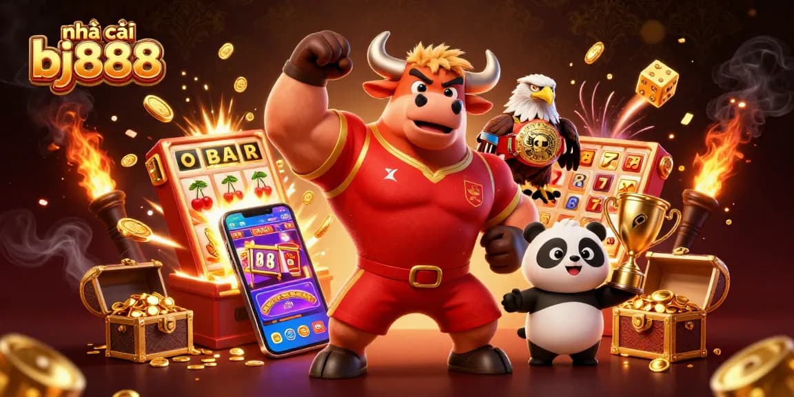 Experience excitement with nhà cái bj888 featuring a dynamic winning scene of casino games and mascots.