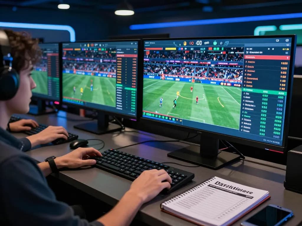 Person engaging with GG88 sports betting app, surrounded by screens displaying dynamic live odds and events.