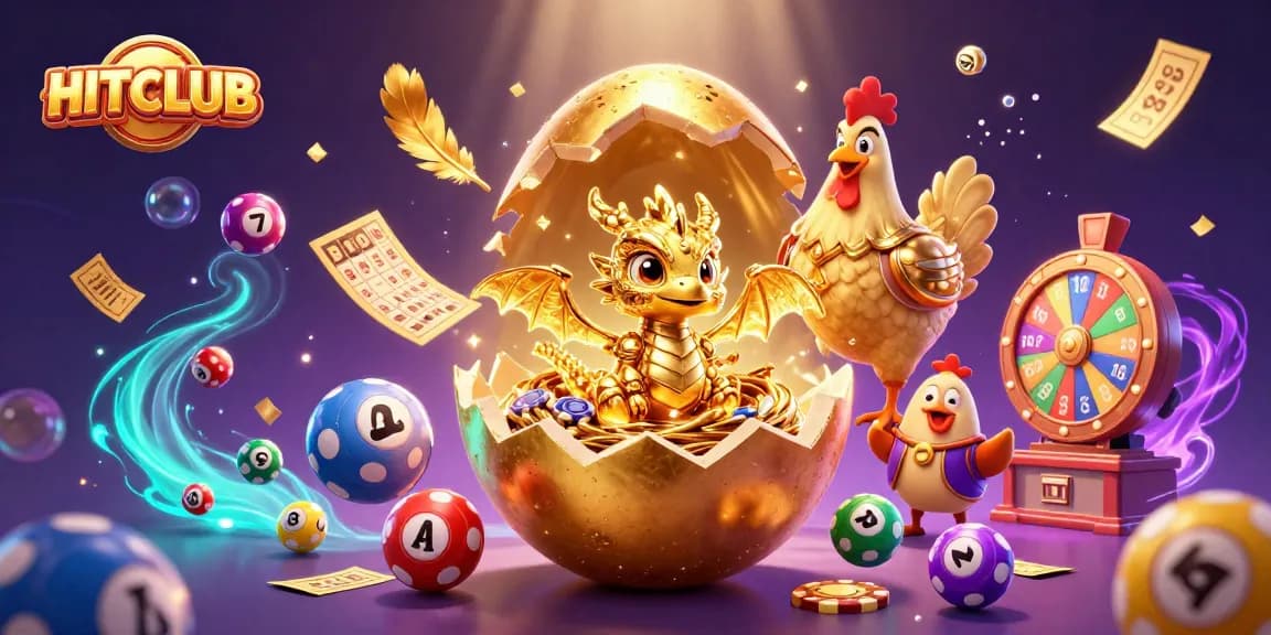 Experience thrilling gameplay at HITCLUB with a vibrant illustration of a golden dragon and dynamic lottery elements.