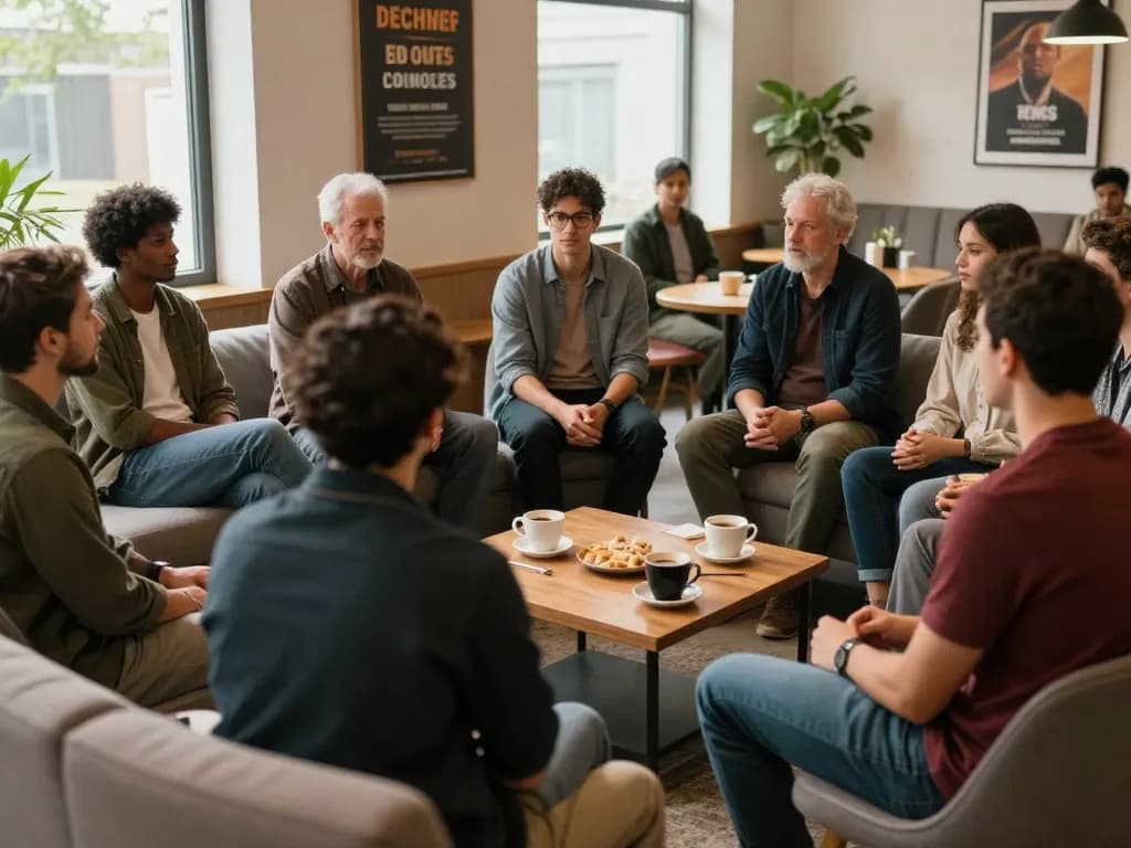 Men engaging in discussion at a manclub support group, fostering community and connection.