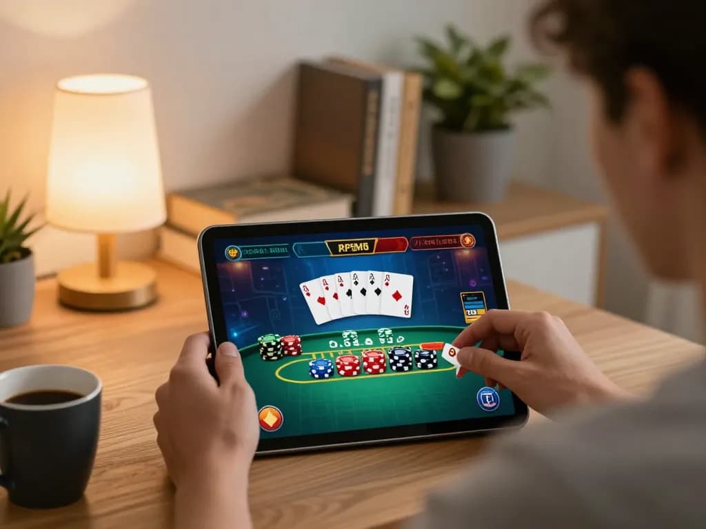 hi88 player enjoying a blackjack game on tablet in cozy home environment