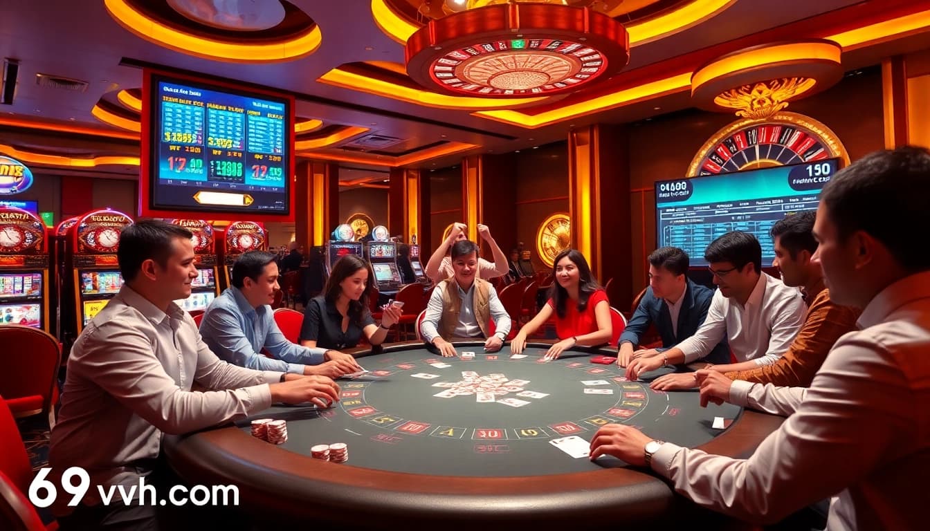 Players enjoying poker at a luxurious table, representing the excitement of 69vn.com gaming.