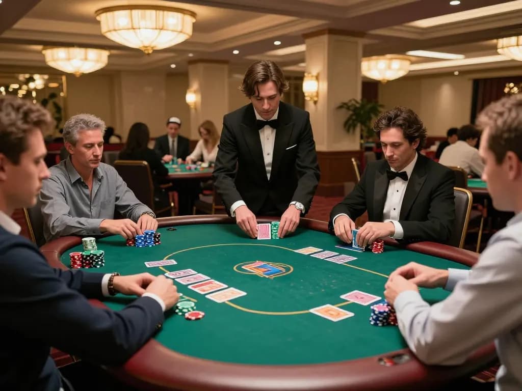 Engaged players placing bets in a high-stakes LLwin poker game at a luxurious casino.