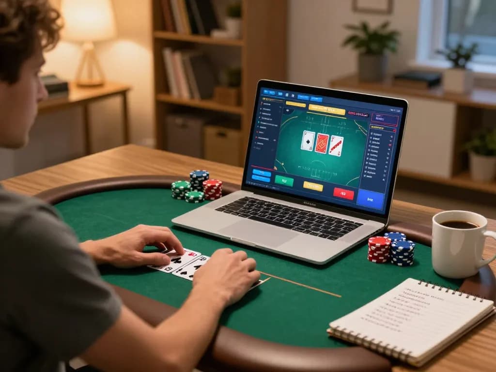 Player engaged in online poker at home using O8 platform, showcasing strategy notes and ambient setting