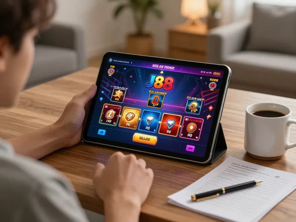 Player enjoying J88 online casino action at home with tablet, showcasing strategic gameplay.