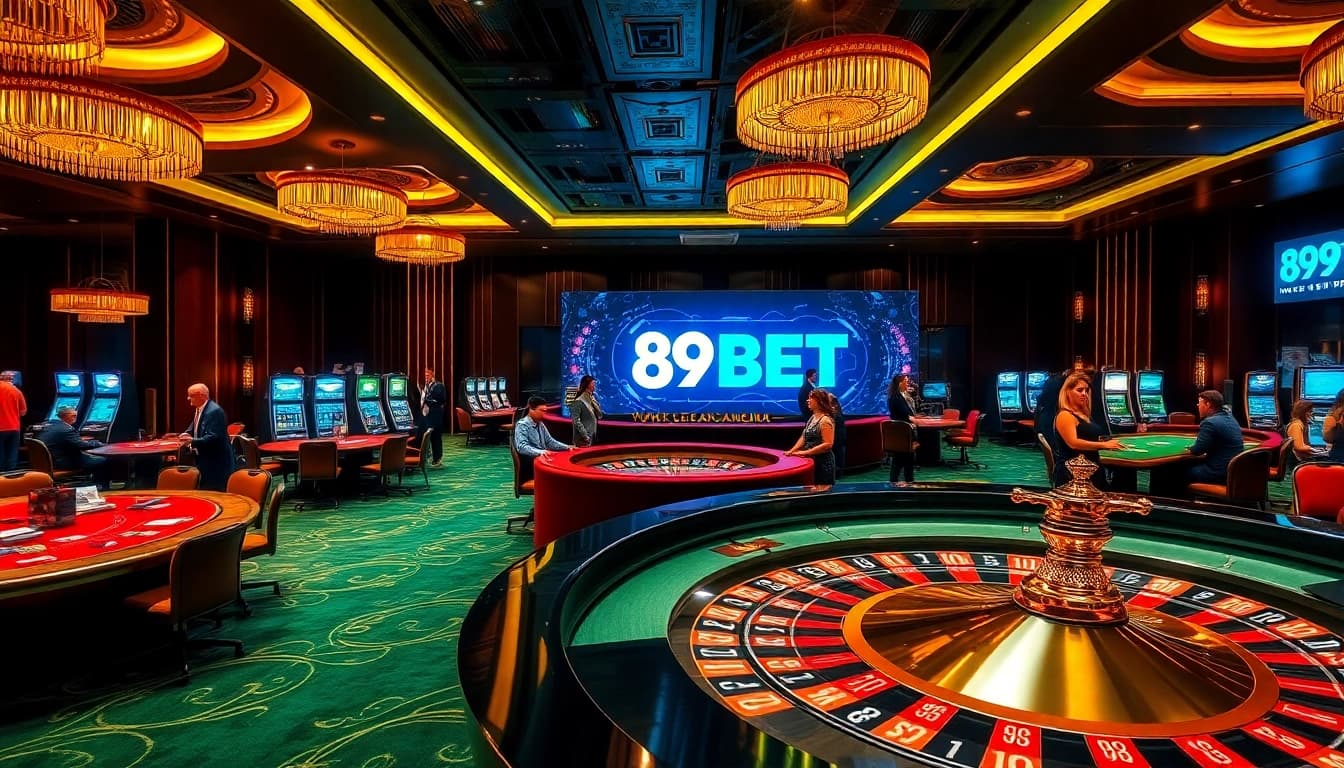 Players bet and place chips at a luxury casino featuring 89BET branding in a vibrant setting.
