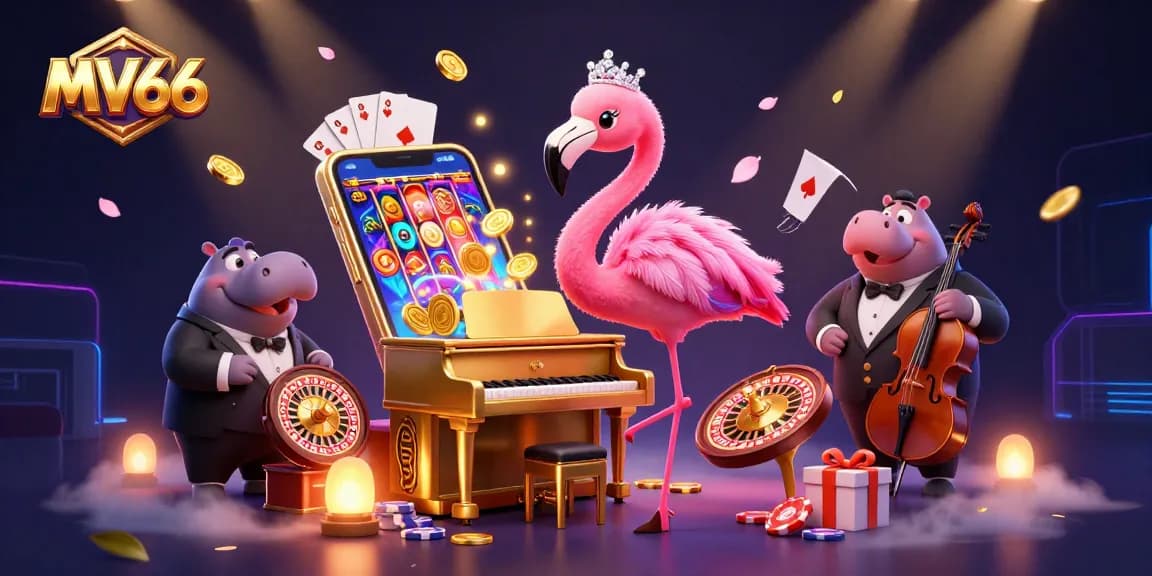 Spin and win with MV66 in this vibrant casino scene filled with characters and gaming elements.