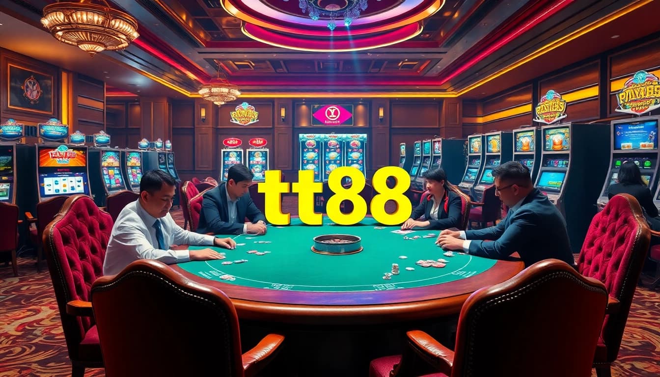 Players engage in thrilling poker gameplay at tt88 luxury casino, surrounded by vibrant slot machines.