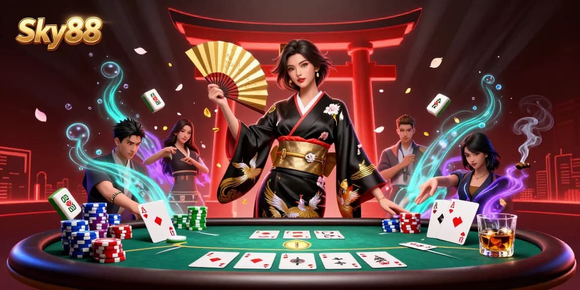 Experience Sky88's vibrant casino atmosphere with games, elegance, and excitement in this digital illustration.