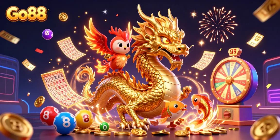 Experience thrilling gameplay with Go88, featuring a fierce dragon, phoenix, and koi amidst a flurry of winnings.