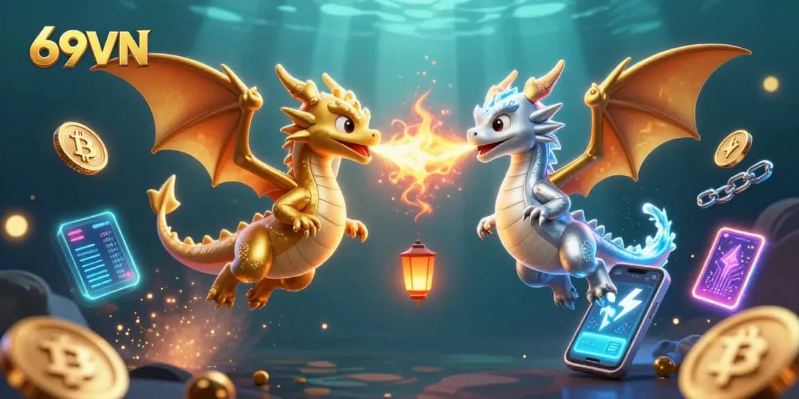 Engage with 69VN's vibrant online casino world featuring dynamic dragons amid crypto elements.