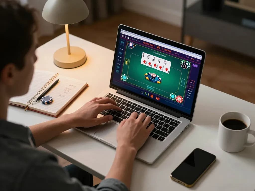 Engaging online casino gaming scene at https://n188.build/ showcasing a user's laptop hands and poker interface for thrilling play