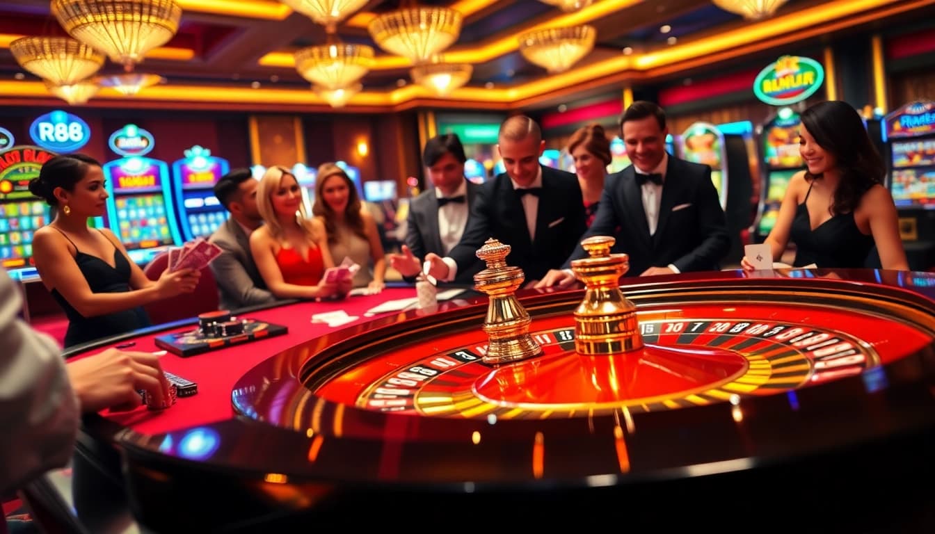 RR88 gamblers celebrating at a luxurious roulette table, highlighting casino excitement.