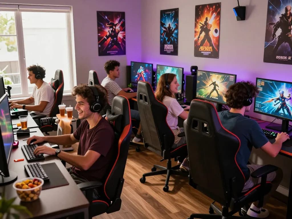 Engaged gamers enjoying multiplayer experience at https://five888.br.com/ with vibrant setup and snacks.