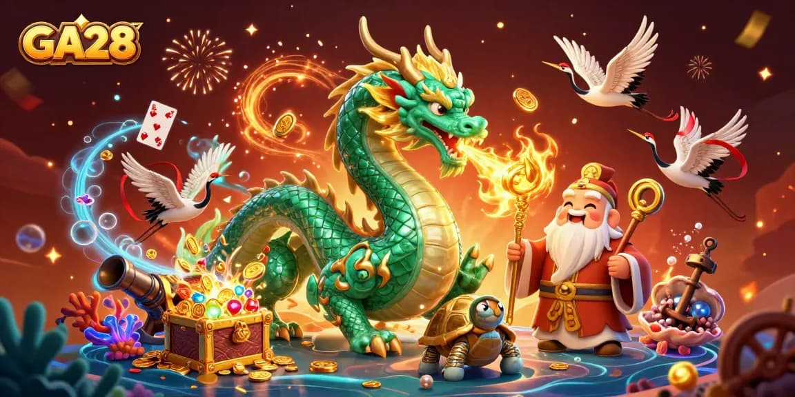 Engage with GA28's thrilling casino world featuring a dragon and treasure exploding with riches.