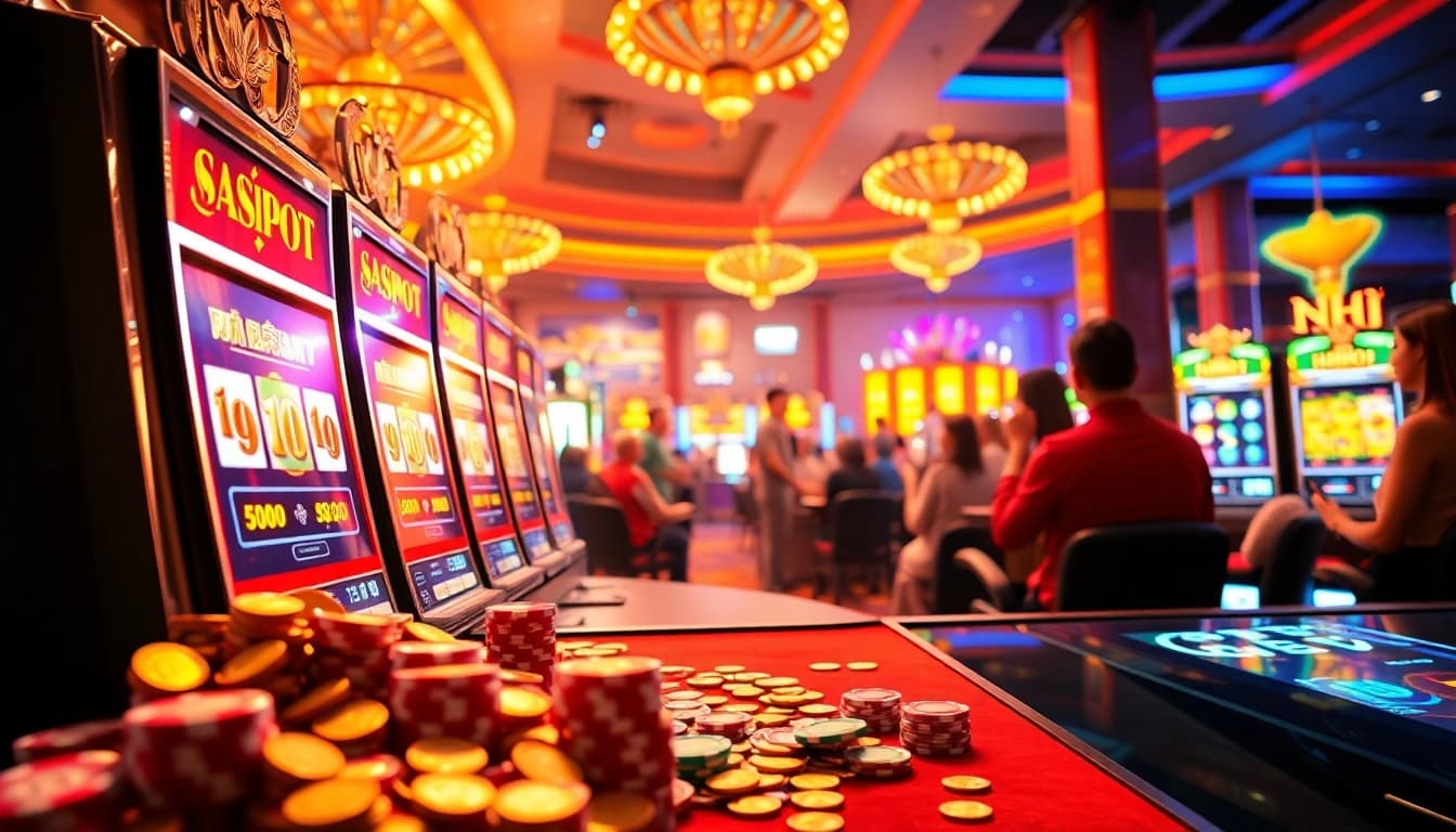 Engaging scene of nổ hũ slot machines with vibrant colors and thrilling casino atmosphere.