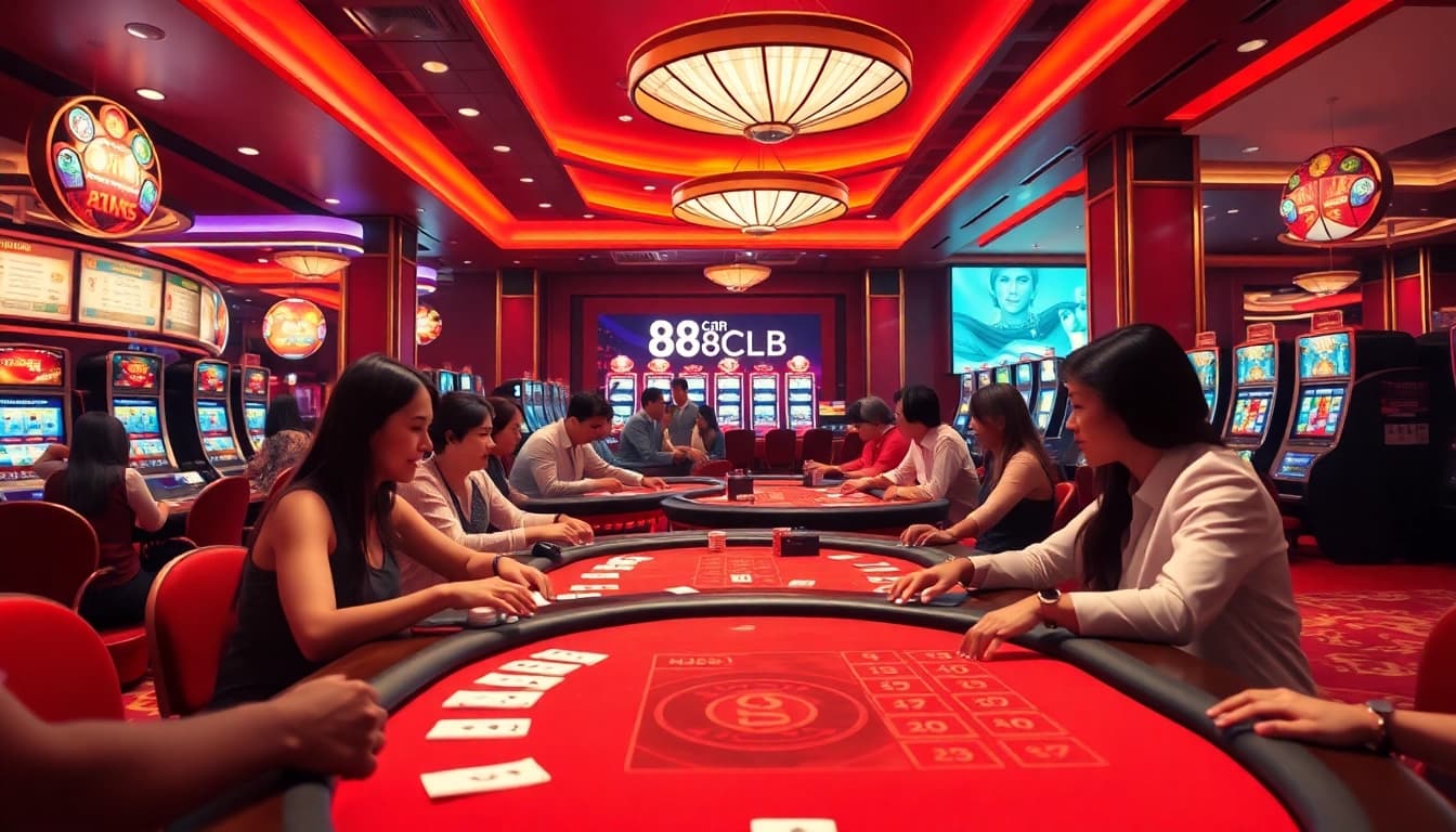 Experience the excitement of 88clb's modern casino environment showcasing engaged players and vibrant gaming.