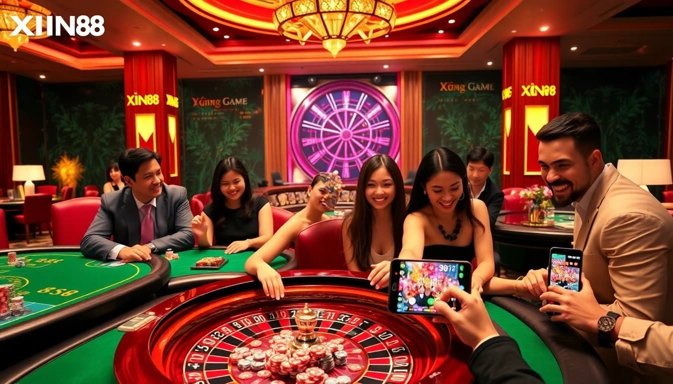 Players enjoying exhilarating games at Cổng Game XIN88, featuring casino tables and vibrant online interfaces.