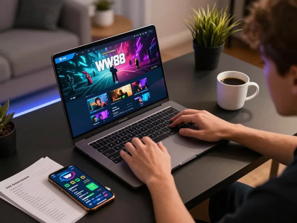 Engaging gameplay at WW88 with a laptop displaying vibrant online casino graphics and betting strategies.