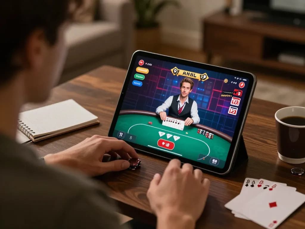 Player enjoys gaming experience on XX88 online casino tablet with poker interface in a cozy setting