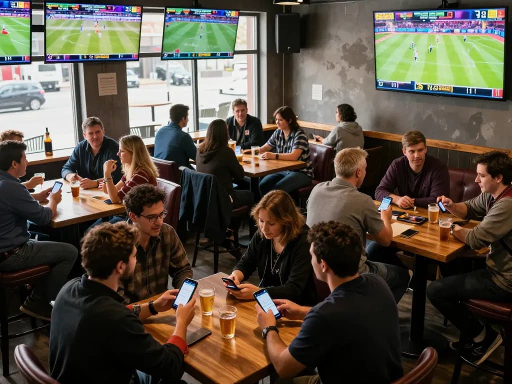 Engaging patrons actively placing bets on 68win during a high-energy sports event at a bar.