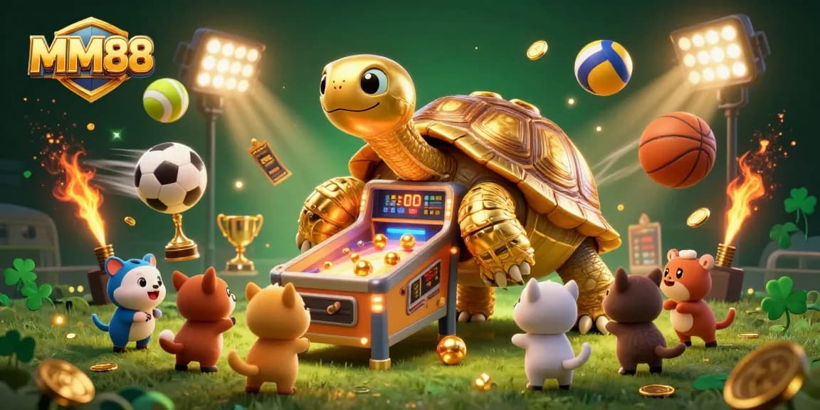 Experience the dynamic world of MM88, where animated sports betting elements like trophies and balls come alive.