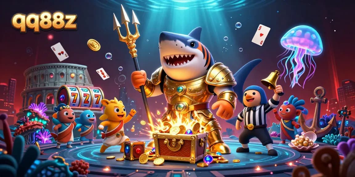 Immerse in the thrilling world of qq88z, where a tiger shark gladiator triumphs in an underwater casino arena.