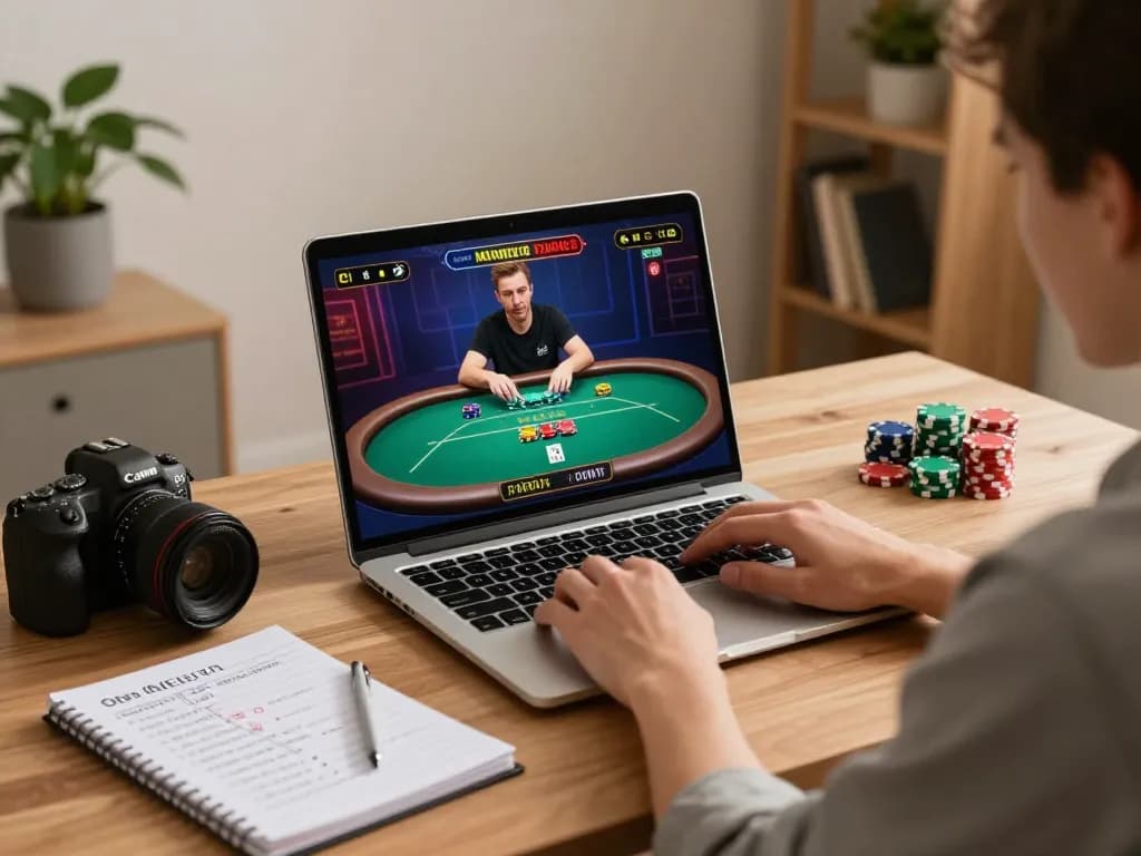 Engaging online gaming session at https://99win.actor/ featuring a focused player using a laptop for live poker.