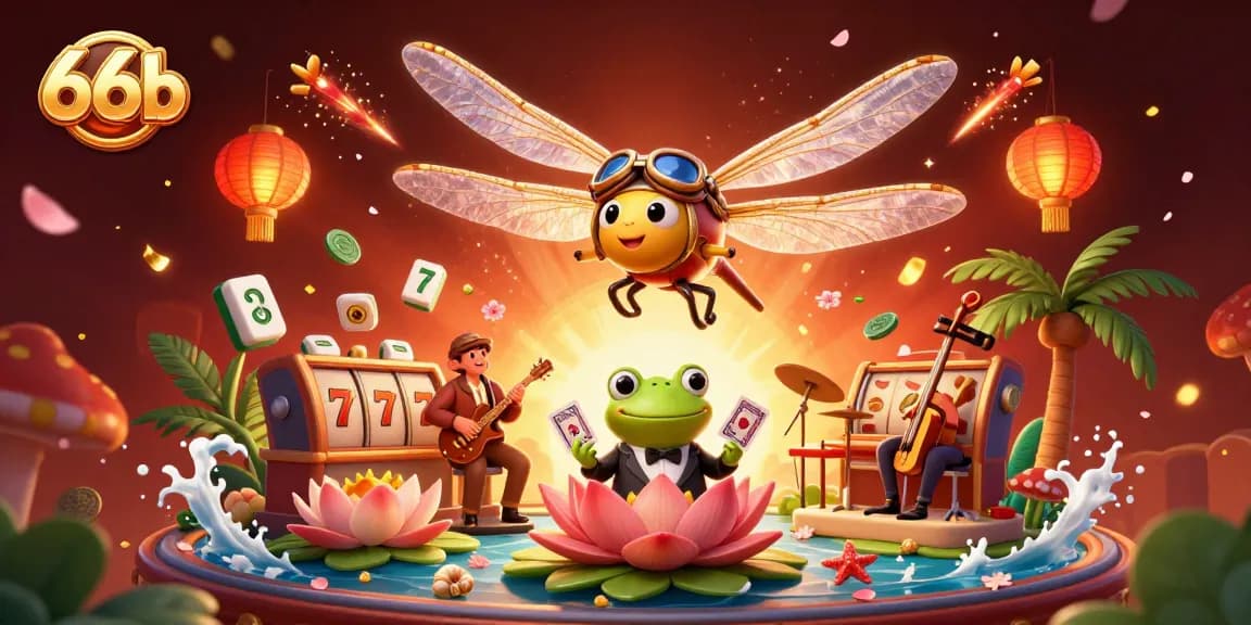 Engage in thrilling gaming at 66b with vibrant casino elements and lively characters illustrated in a unique scene.
