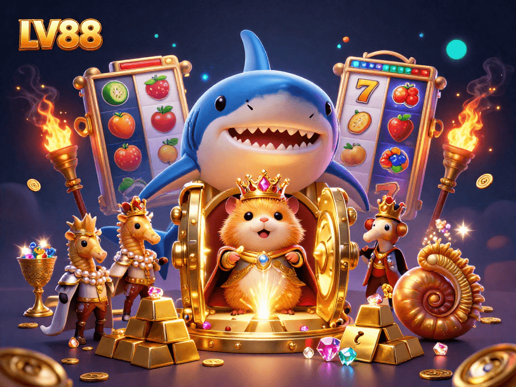Experience the thrill of LV88 slots with a vibrant, dynamic casino scene featuring treasure and royal characters.