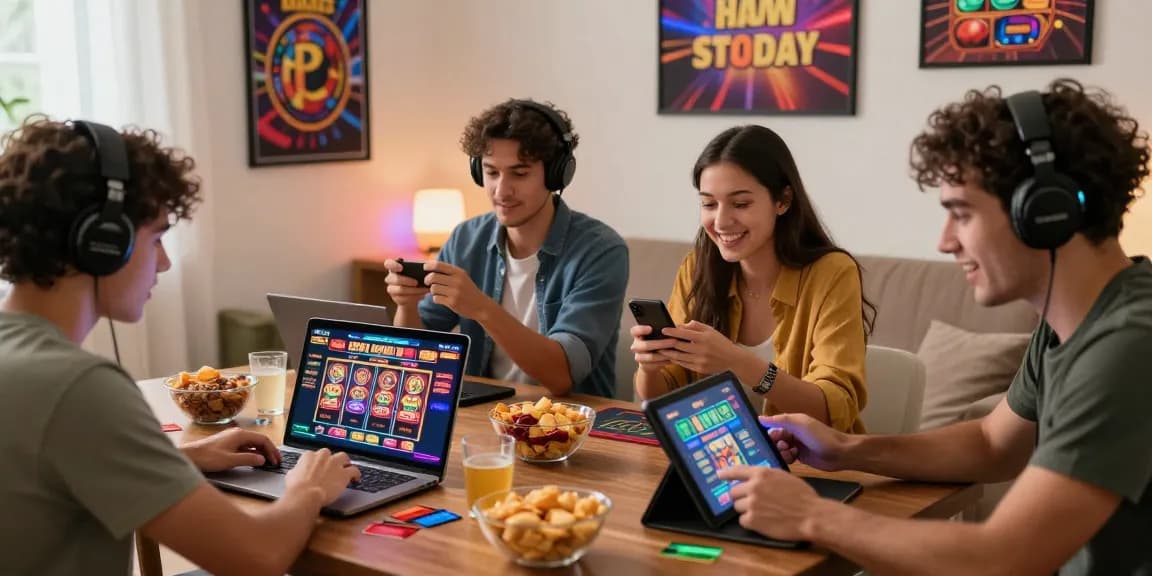 Friends enjoying a lively night playing games at credit card casinos in a cozy living room, incorporating vibrant casino decor and engaging gaming devices.