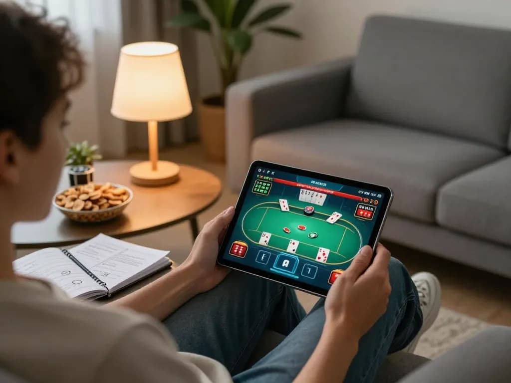Engaging online gaming moment at https://ok365.best/, showing a player using a tablet for poker strategy at home.