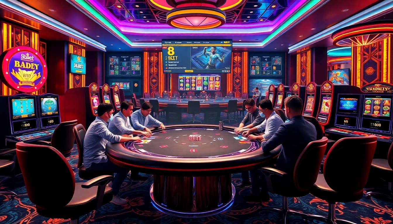 Players excitedly betting at a glamorous 8kbet poker table in an online casino.