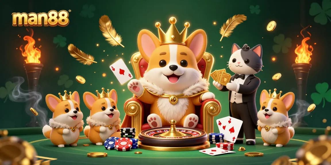 Experience the excitement of man88 with a royal casino scene featuring a crowned corgi and golden elements.