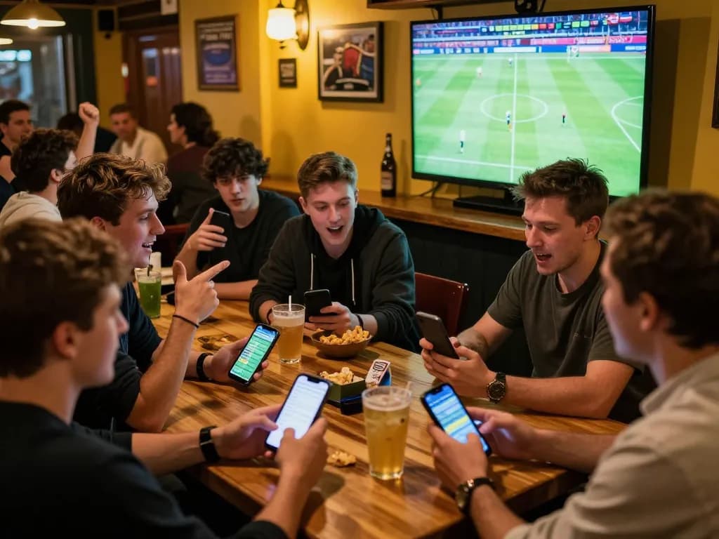 Friends enjoying sports betting at the bar with lively interaction, using ga6789 app for exciting wagers.