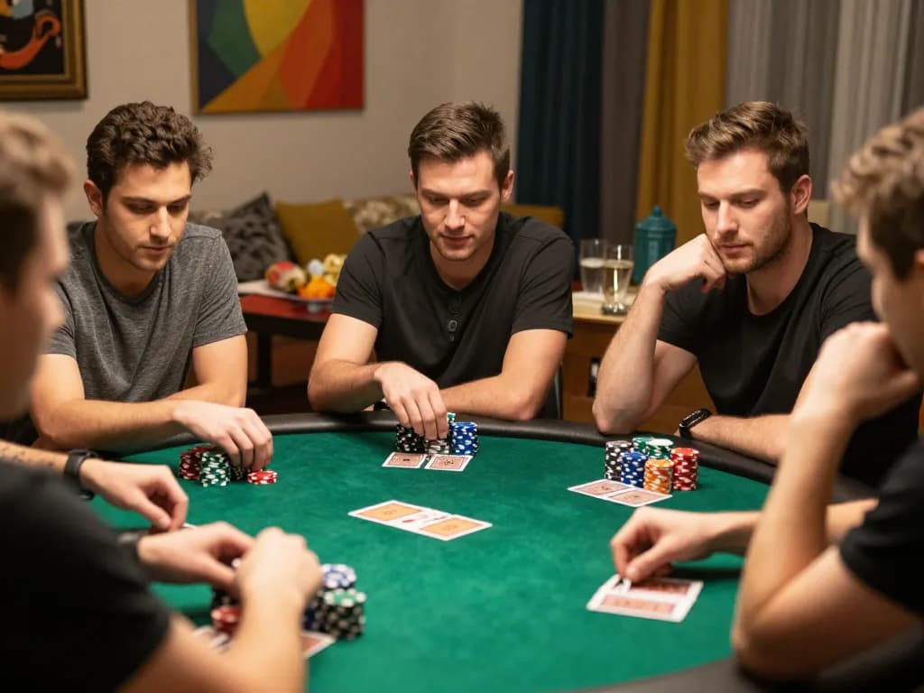 Players engaged in an exciting home poker game with BJ88 poker chips, showcasing strategic gameplay.