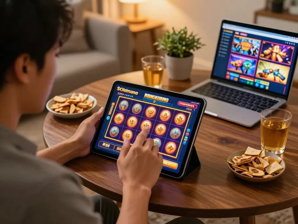 Filipino player engaged in a Pinoy Casino Game on tablet, showcasing a vibrant online slot interface in a cozy home setting.