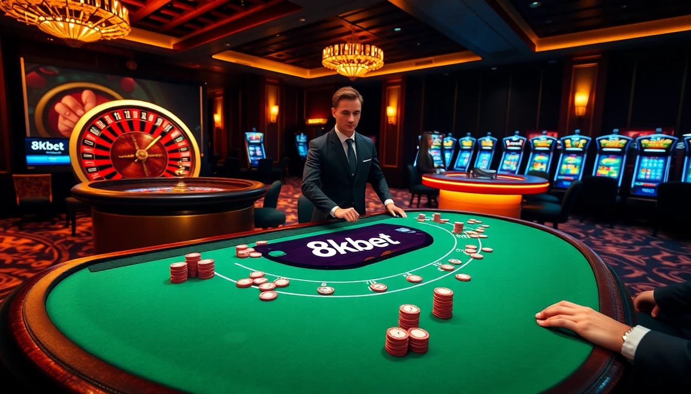 Experience the thrill of 8kbet with players at a blackjack table, showcasing luxury and excitement in gaming.