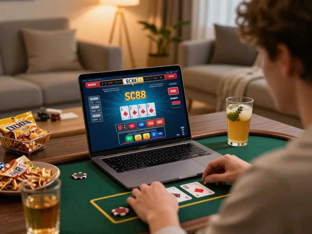 Player enjoying SC88 online casino game on laptop in cozy living room environment