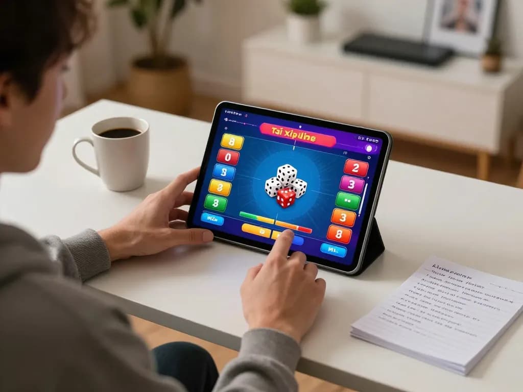 Playing tài xỉu online on a tablet with game results displayed in a cozy home setting