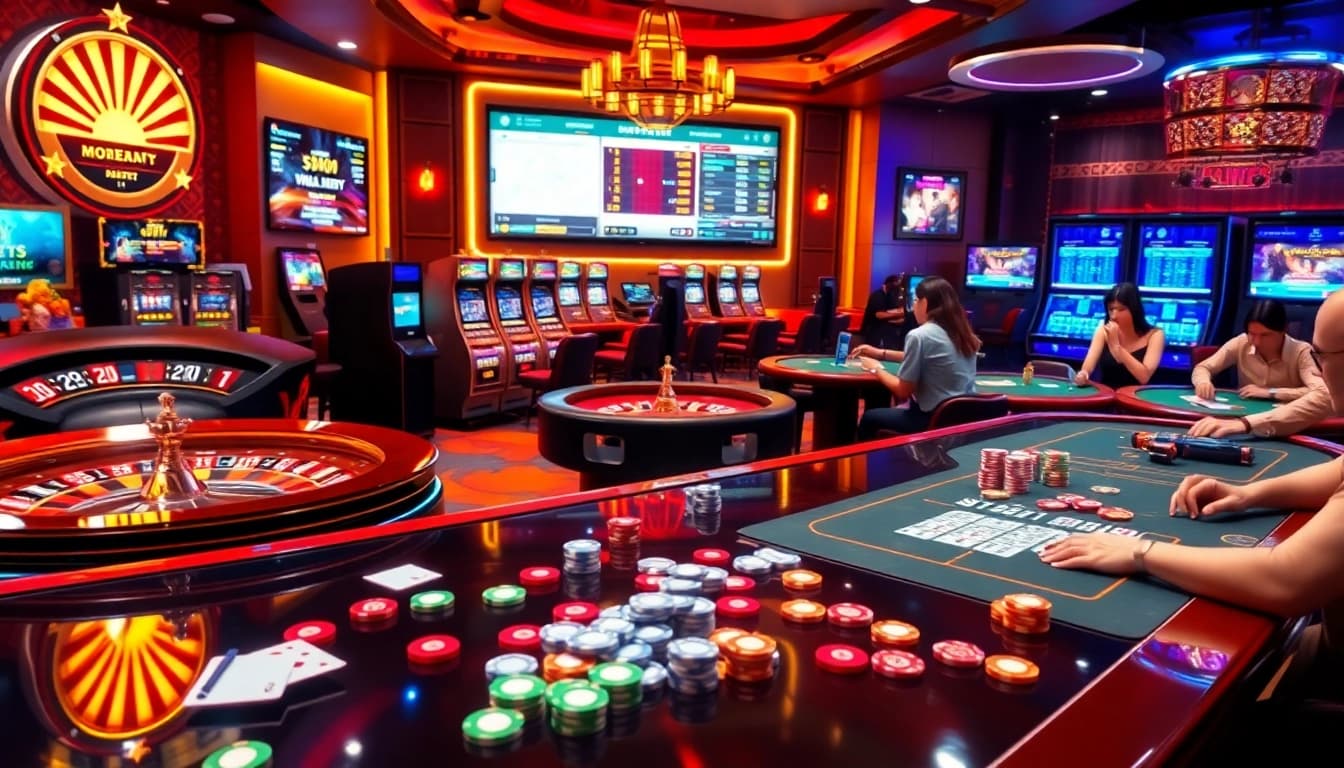 Engaged gamblers playing various games at Nhà Cái DEBET, showcasing excitement and luxury in an online casino atmosphere.