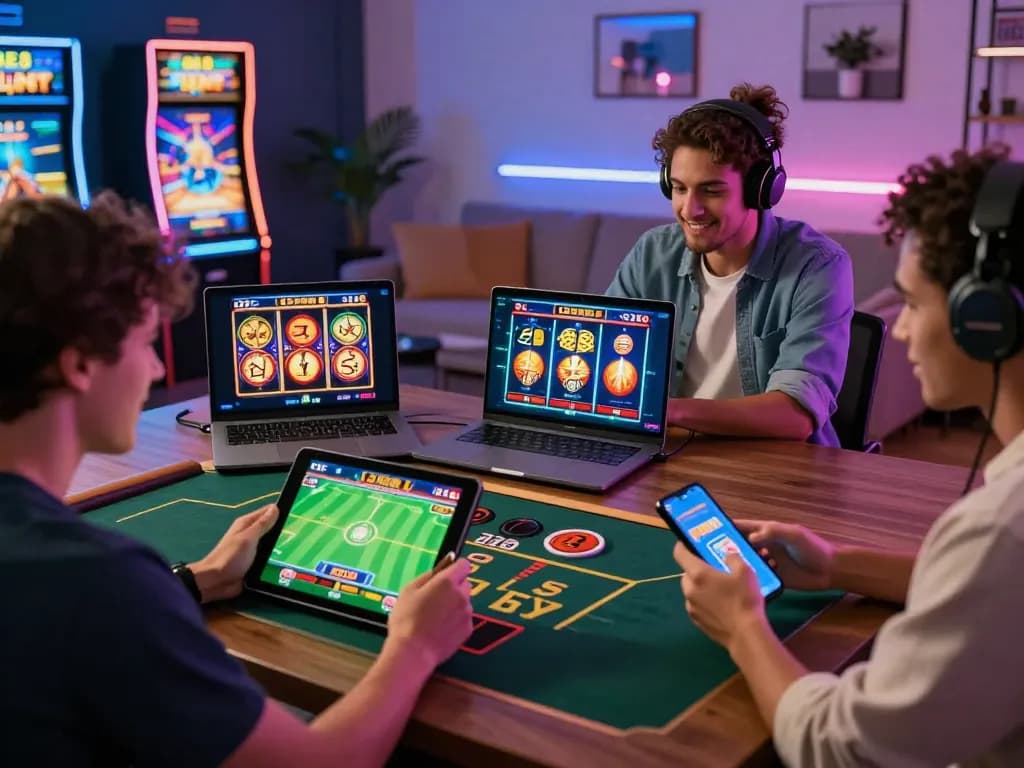 Exciting online gaming scene showcasing friends using the QE 8 platform with tablets and laptops for sports betting and casino games.