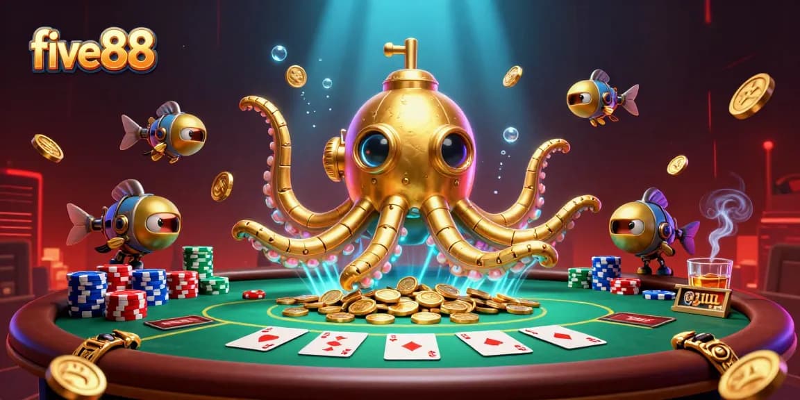 Experience the vibrant five88 casino scene with a golden kraken submarine and poker elements.