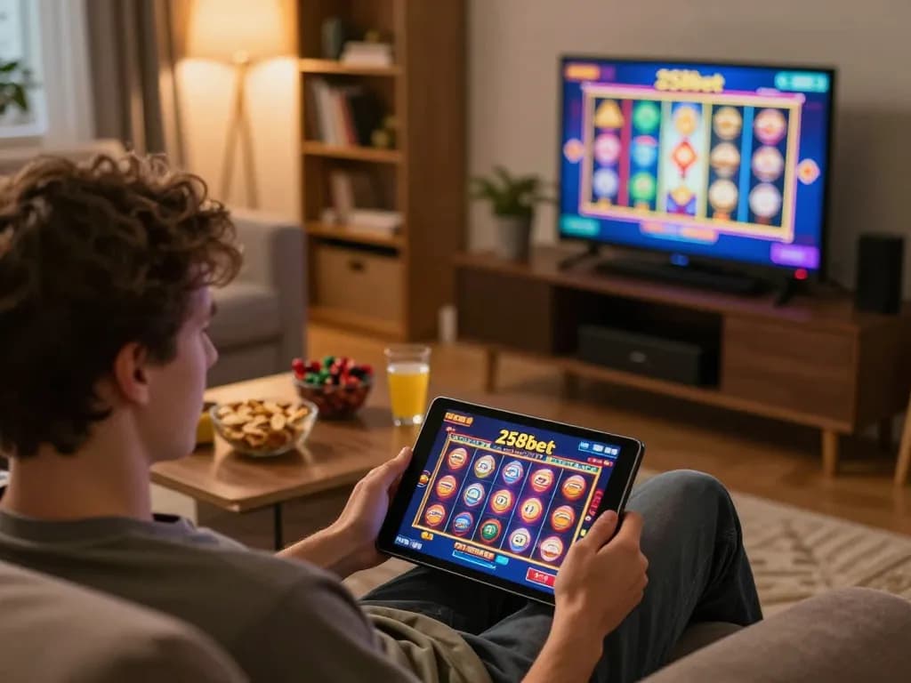 Engaging online gambling moment with 258bet slots on tablet, showcasing a cozy living environment.