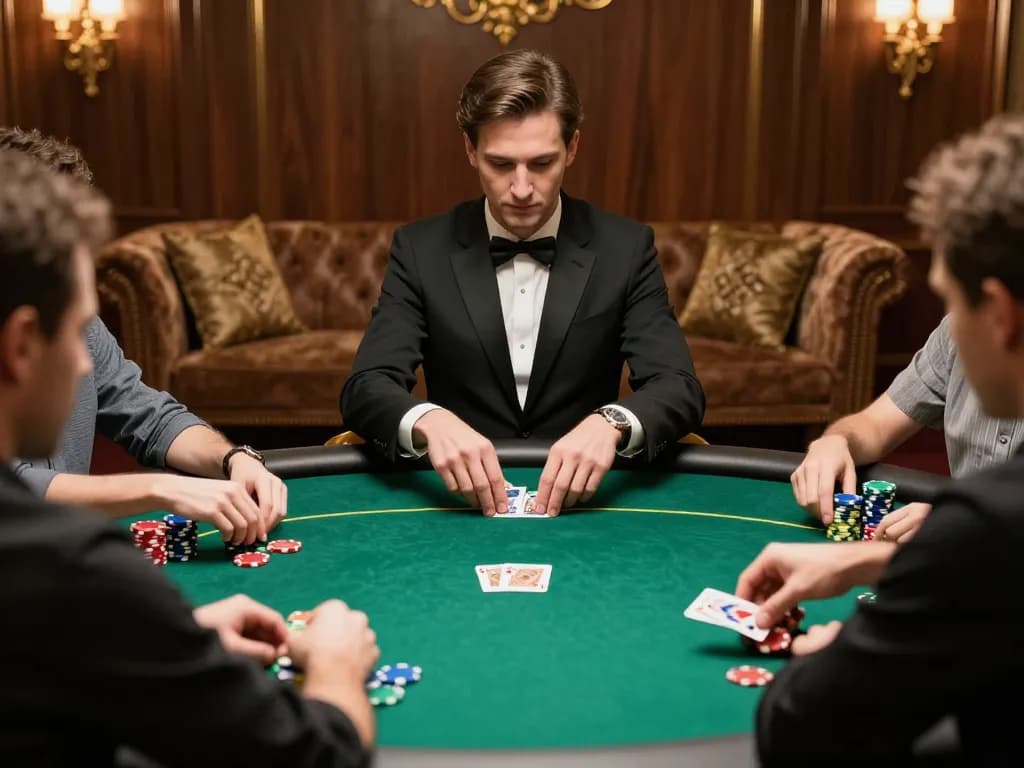 Experience a thrilling poker game in a high-roller room at https://c168marketing.com/ with colorful chips and strategic play.