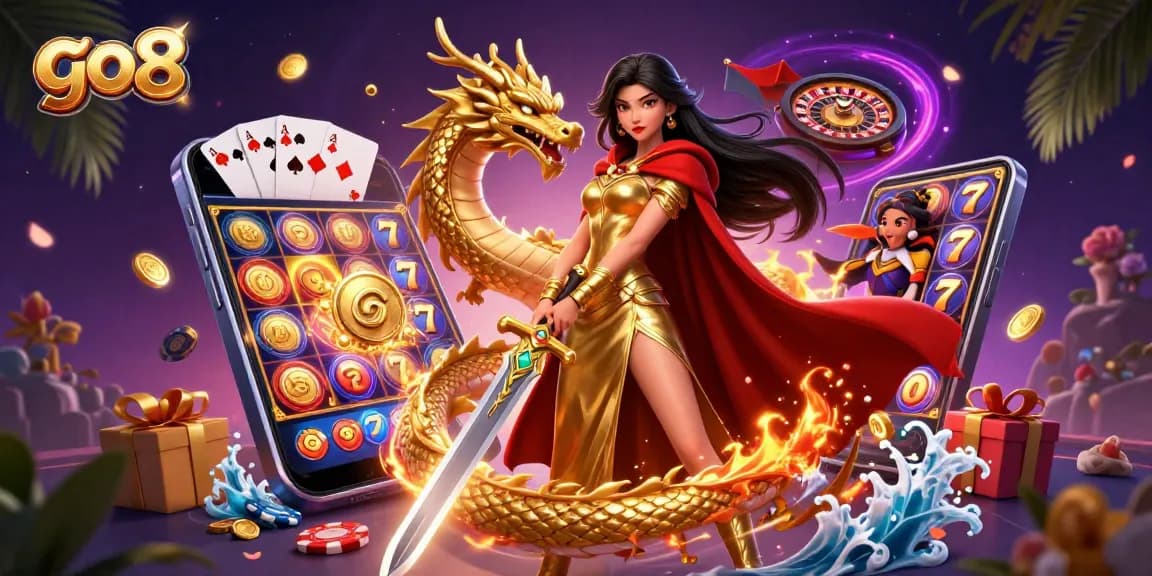 Engage in thrilling gameplay at go8 with vivid casino elements and a stunning warrior queen.