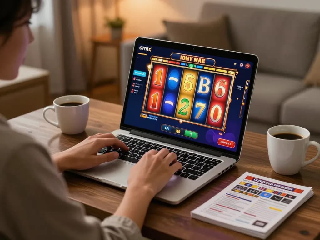 Person enjoying a slot game on a laptop, showcasing a cozy online gaming atmosphere.